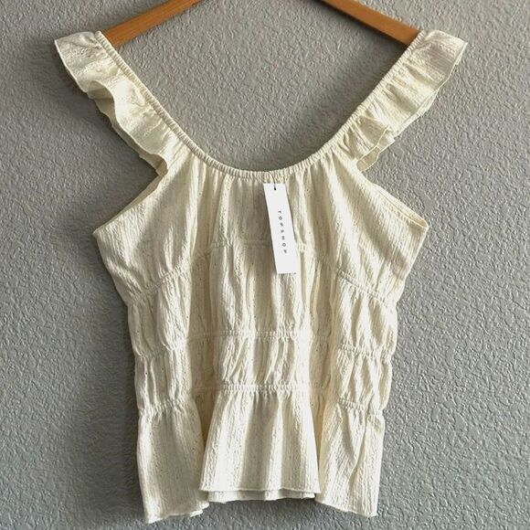 NWT Topshop Textured Frill Shoulder Tank Top Cream Summer Blouse Size Large New - Picture 1 of 4